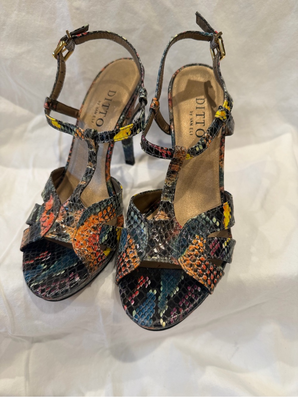 Dittos Multicolor Snakeskin T-Strap Heels in Black, Orange & Yellow